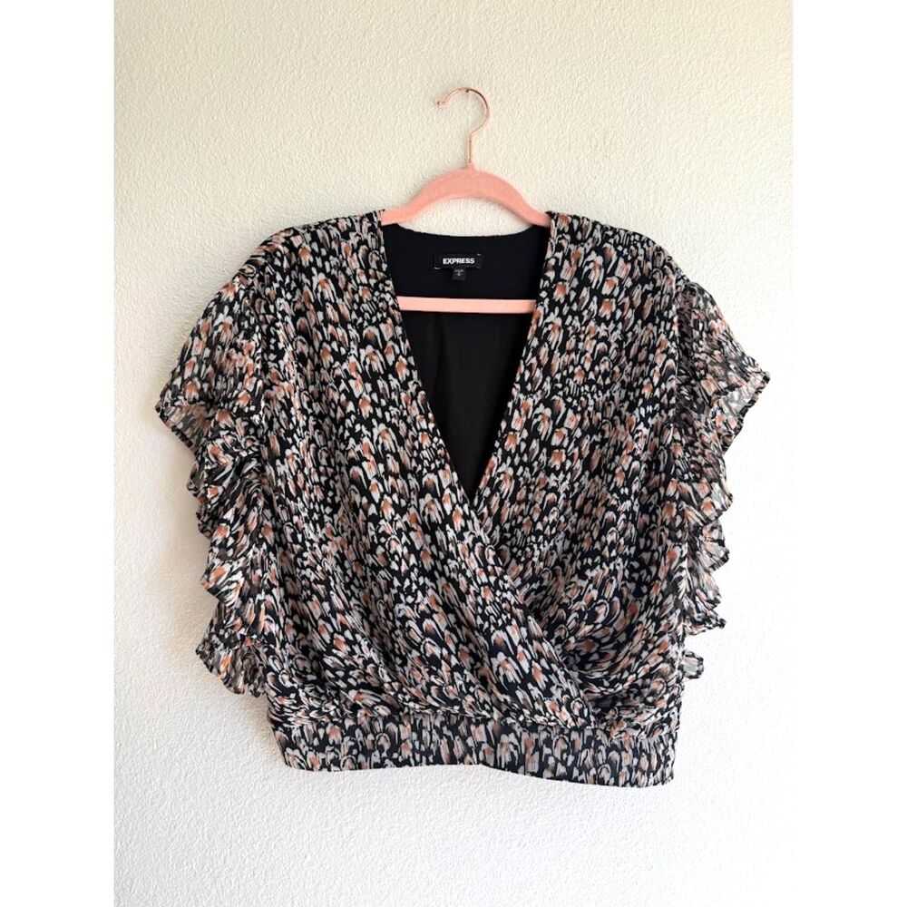 Express Flutter Sleeve Surplice Top in Feather Print Black White & Brown size S